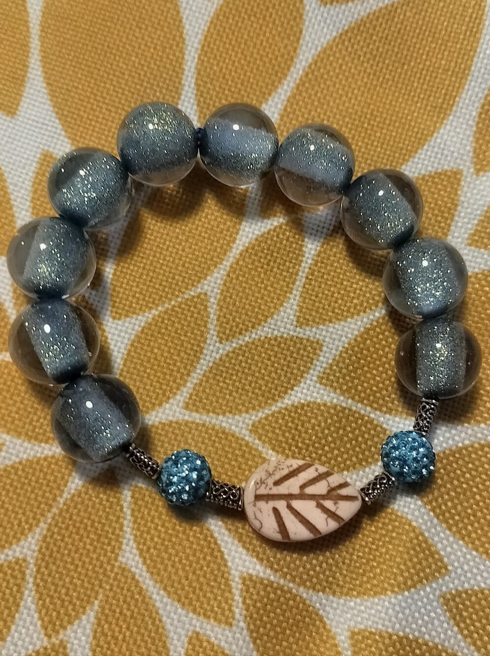 Handmade Blue Glitter Bead Stretch Bracelet with Leaf Accent 1 PCS